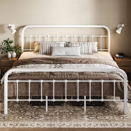 King Size Metal Platform Bed Frame with Victorian Style Wrought Iron-Art Headboard/Footboard, No Box Spring Required，White